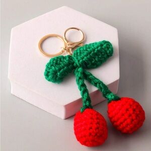 New Fashion Cherry Pendant Keychain - Red and Green Crochet Look Trendy Fruit